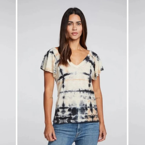 Chaser Black Sands Dye Linen Jersey Double V Reglan Flutter Sleeve Tee Size S - Picture 1 of 7